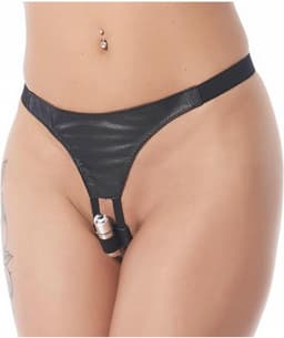 Rimba Bondage Play - Vibrerend Slipje - Vibrerende Lingerie Met Bullet Vibrator - G String - Leer - Zwart — thumbnail 1