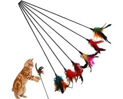 Verenspeelgoed voor katten, 6 stuks, hengel 65 cm, zwarte veren, interactieve stimulatie