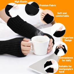 Armwarmers voor dames, 2 paar, thermische armwarmers, zachte lange vingerloze handschoenen, armwarmers, gebreide wol, armwarmers armen, armwarmers voor dames, winter, zwart, lichtgrijs — thumbnail 2