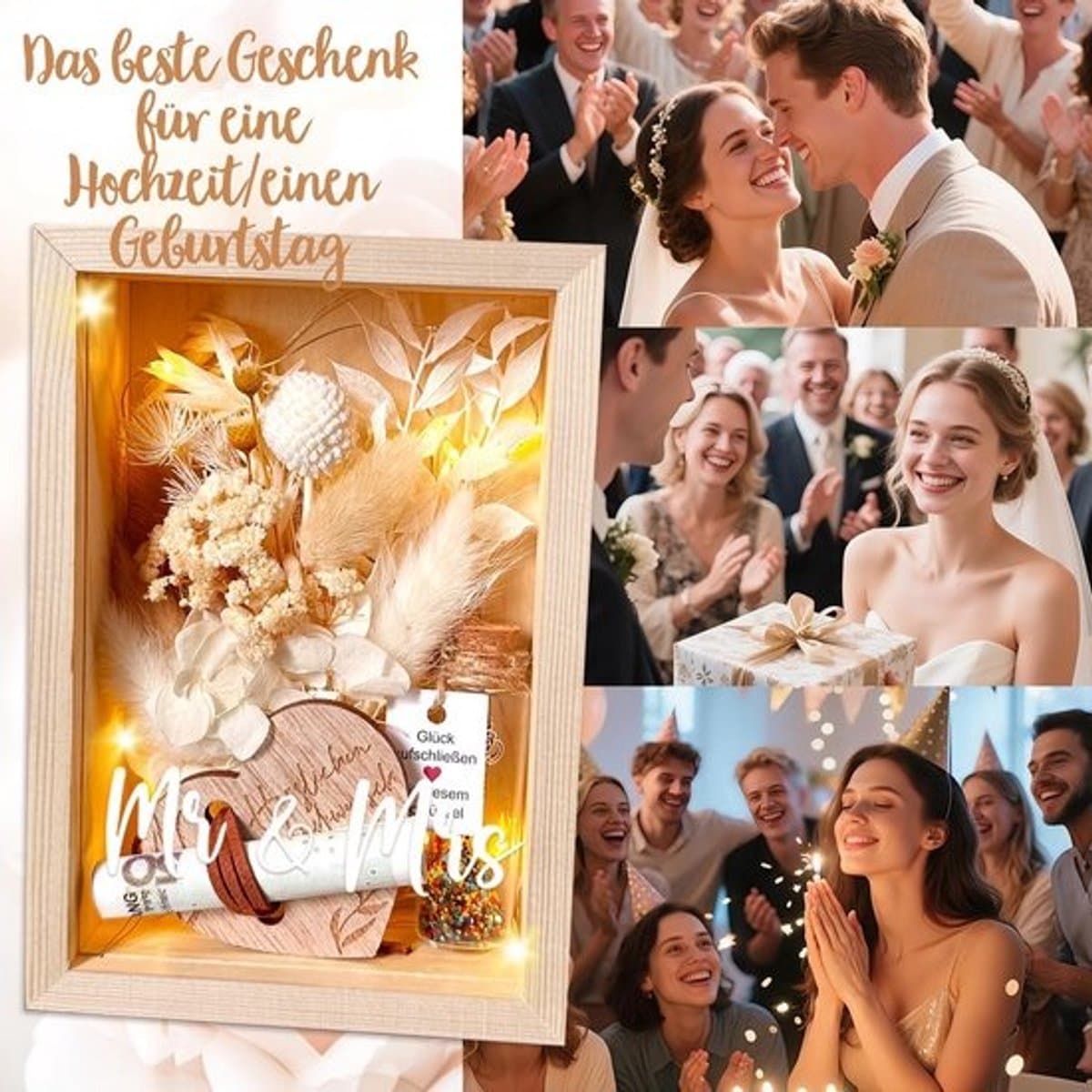 Romantisch geldcadeau met eeuwige bloemen en houten doos voor hem en haar — afbeelding 1