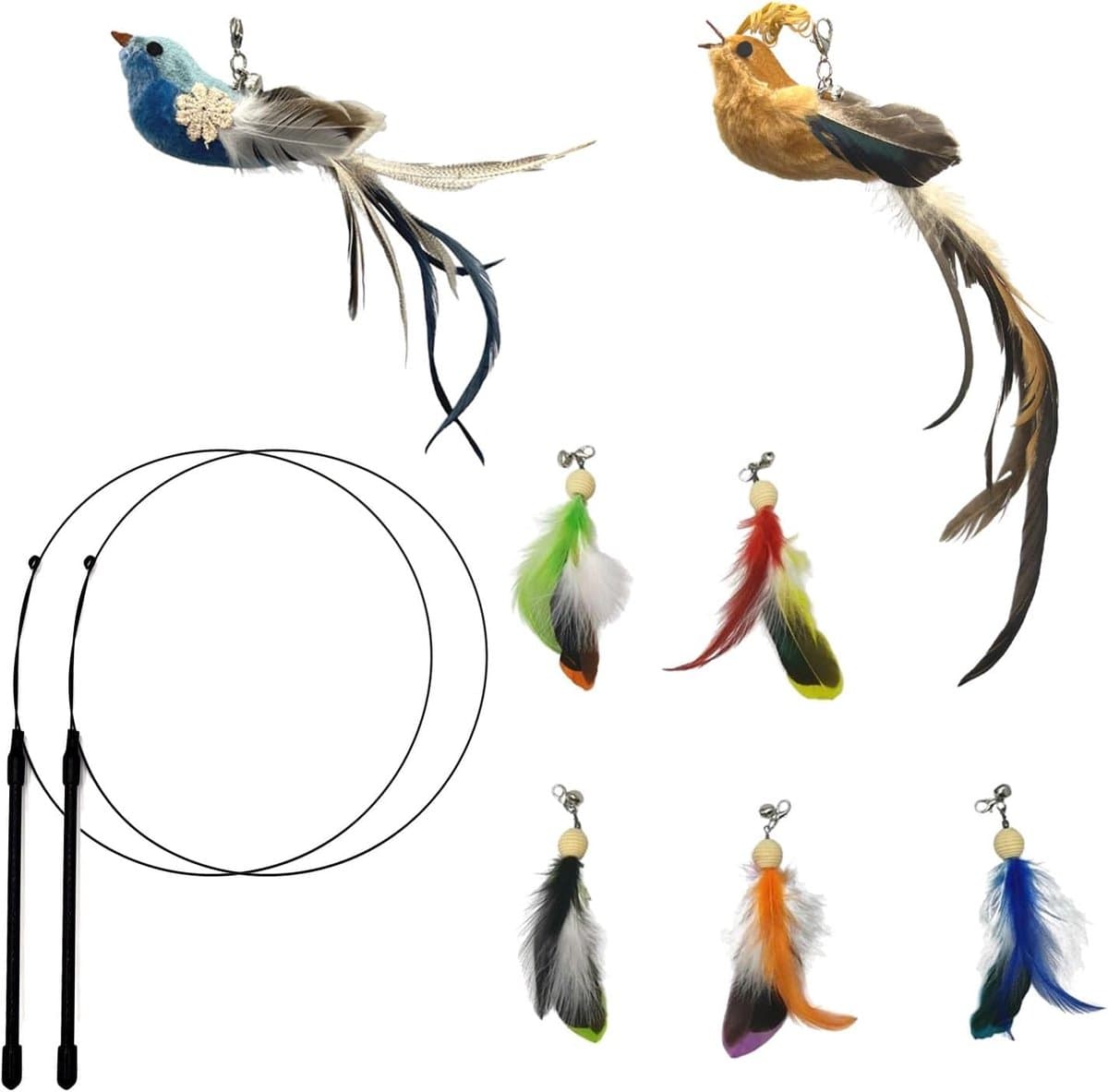 Interactief Katten Veren Speelgoed voor Kat Volwassene en Katje, 7st Vervanging Vogels Ballen Veren met Bel en 2st Handheld Elastische Teaser Toverstokjes voor Kitty Katje Binnen (B) — afbeelding 1