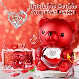 Rozenbeer met Ketting - Bloemenbeer Cadeau - Romantisch Verrassen - Met Muziekdoos - 12 x 11 x 16 cm - Rood — thumbnail 2