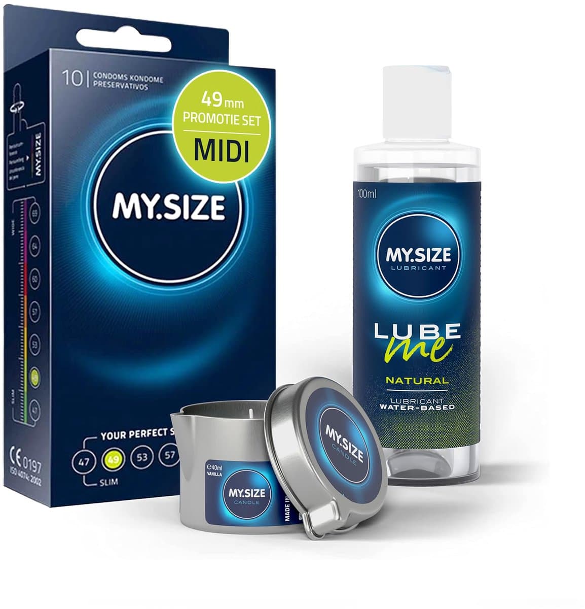 Voordeelverpakking MY.SIZE-condooms 49 mm, pak van 10 + MY.SIZE natuurlijk glijmiddel 100 ml + MY.SIZE-massagekaars — afbeelding 1