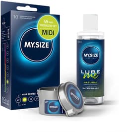 Voordeelverpakking MY.SIZE-condooms 49 mm, pak van 10 + MY.SIZE natuurlijk glijmiddel 100 ml + MY.SIZE-massagekaars — thumbnail 1