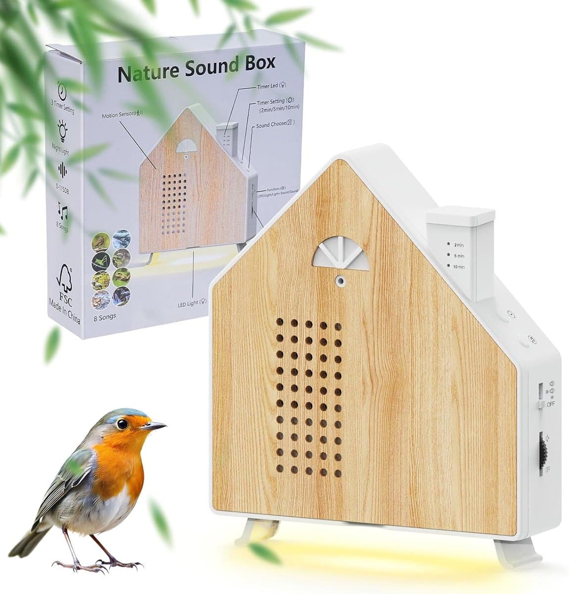 Box met Sensor en Led-lampjes, Natuurgeluiden Sound Box met 8 natuurlijke geluiden, Ontspannend vogelgezang voor badkamer, spa, gasten, toilet en ontspanning, individuele volumeregeling — afbeelding 1