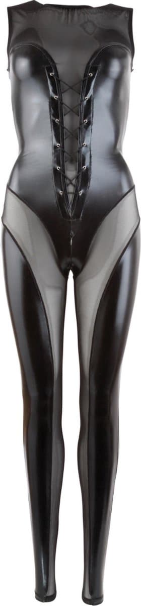 Cottelli Collection – Geregen Catsuit van Transparant Powernet met Wetlook Extravagant en Aantrekkelijk – Maat S - Zwart — afbeelding 1