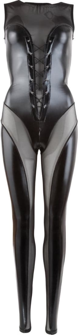 Cottelli Collection – Geregen Catsuit van Transparant Powernet met Wetlook Extravagant en Aantrekkelijk – Maat S - Zwart — thumbnail 1