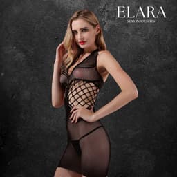 Elara Tirena – Sexy Bodydress van Visnet & Kant – Verleidelijke Mini Jurk met Stretch - Erotisch Body / Bodystocking – One Size – Zwart — thumbnail 3