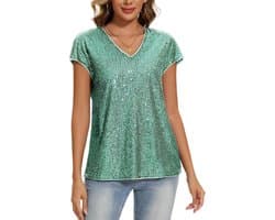 Dames Glitter Top met Korte Mouwen en V-Hals – Glanzend Party T-Shirt met Cap Mouwen voor Vrije Tijd & Festival