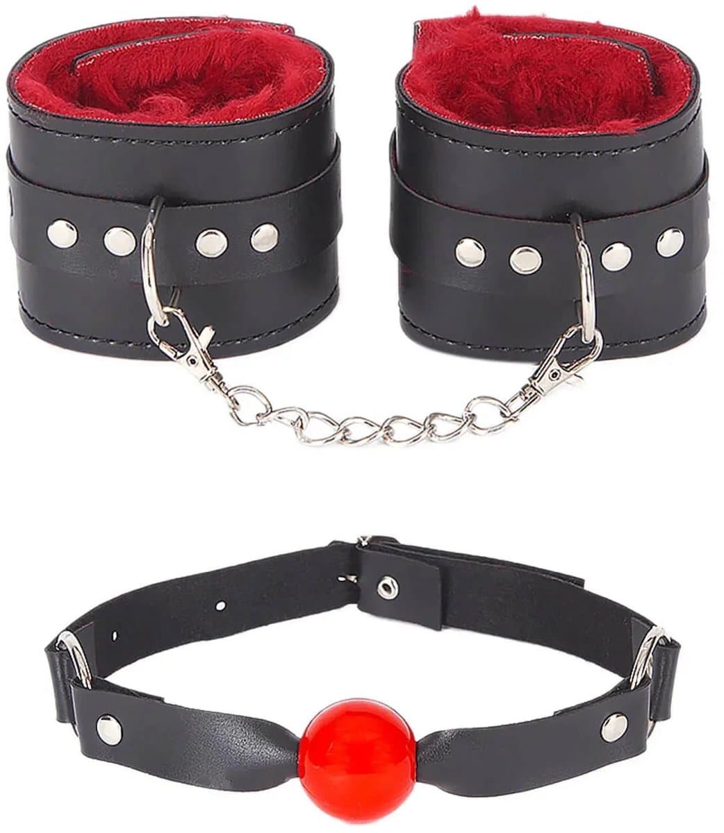 Zwarte kunstlederen boeien- en gaggaset standaardmaat handgemaakt accessoire — afbeelding 1