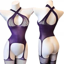Paars opengewerkt bodysuit voor dames - Elastisch en comfortabel lingeriepak — thumbnail 4