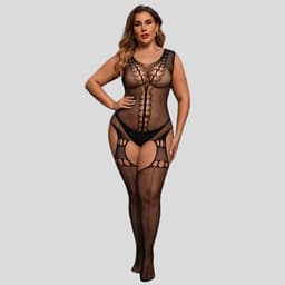 Elana Alessyne Plus Size Bodystocking – Zwart Visnet met Jarretel Look – Hoge Rekbaarheid – Full Body Lingerie — thumbnail 4