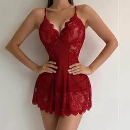 Sexy Babydoll Lingerie Set – Rood Kant & Mesh met Slip — thumbnail 7