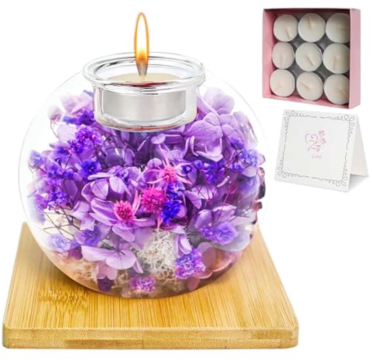 Queltrix Eeuwige bloem in glas & geurkaarsenset, geconserveerde bloemen, romantisch cadeau, geschenkdoos met 18 kaarsen, cadeauset voor Moederdag, verjaardag, jubileum, Kerstmis (paars) — afbeelding 1