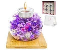Queltrix Eeuwige bloem in glas & geurkaarsenset, geconserveerde bloemen, romantisch cadeau, geschenkdoos met 18 kaarsen, cadeauset voor Moederdag, verjaardag, jubileum, Kerstmis (paars)