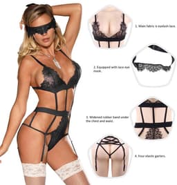 Sexy Lingerie - Erotische Sensuele Body Set van Zwart Kant met verstelbare banden en Masker - Sexy Teddy - Erotiek - Kleur Zwart - Maat M-L — thumbnail 4
