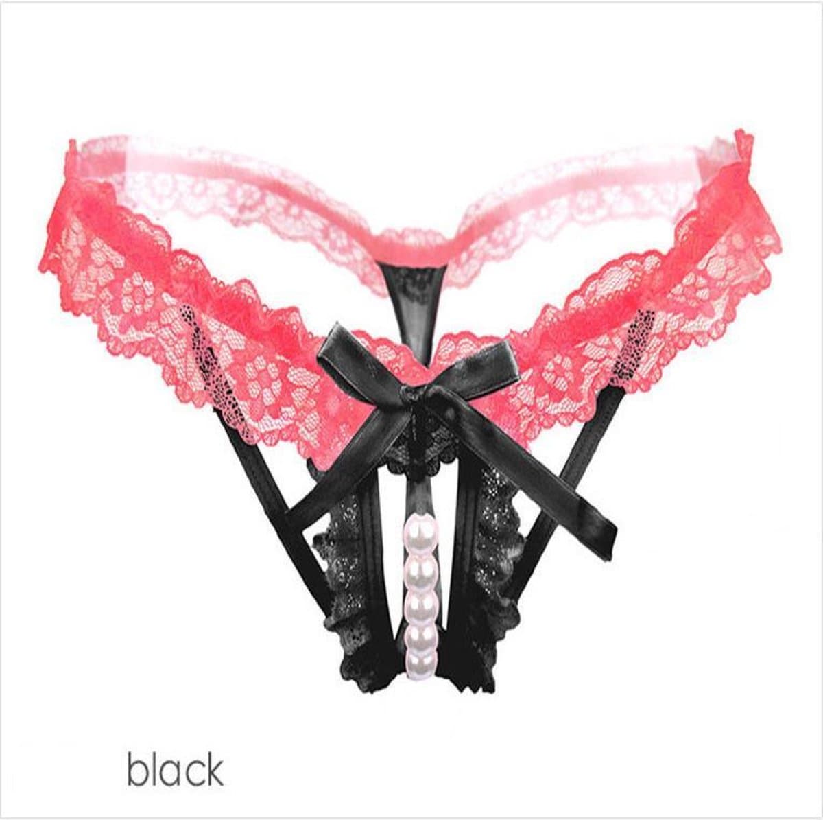 Erotische lingerie slipje - Sexy parel slipje - Sexy kanten open kruis string - Zwart/Rood — afbeelding 1