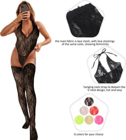 Sexy Lingerie - Erotische UITDAGENDE Halter Body met Kant + bijpassende kousen - Decolleté - Sexy Teddy - Erotiek - Kleur Zwart - Maat M-L — thumbnail 4