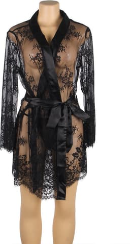 Sexy Lingerie - Elegante Erotische Babydoll - Kimono - Satijn met Kanten verwerking met lange mouw + bijpassende String - Sexy Teddy - kleur Zwart - Maat XS/S — thumbnail 8