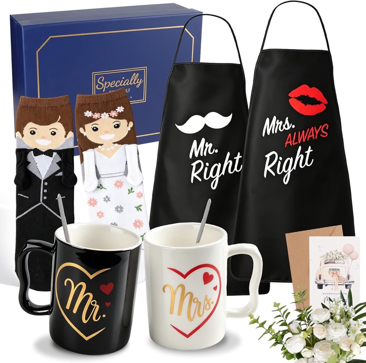 huwelijksgeschenkenset voor bruidspaar, 11-delig Mr en Mrs geschenken voor partnermok*2, lepel*2, schort*2, sokken*2 paar, wenskaart *1, verlovingscadeau jubileum cadeau voor bruiloft — afbeelding 1