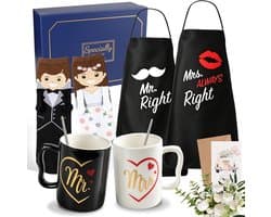 huwelijksgeschenkenset voor bruidspaar, 11-delig Mr en Mrs geschenken voor partnermok*2, lepel*2, schort*2, sokken*2 paar, wenskaart *1, verlovingscadeau jubileum cadeau voor bruiloft