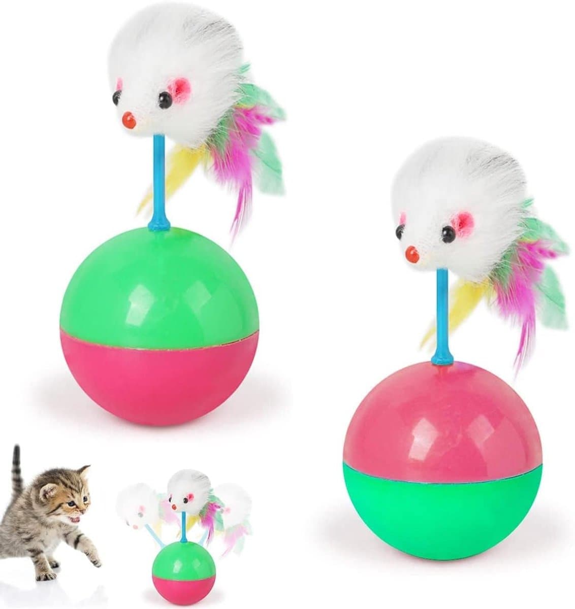 2 stuks kattenspeelgoed, staande mannetjes, muis, katten, tumbler speelgoed, interactief veer, kattenspeelgoed, training binnen tuimelballen, kattenspeelgoed voor interactief spelen — afbeelding 1