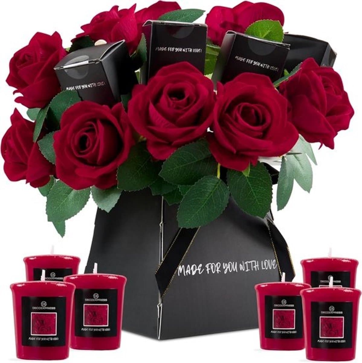 Luxe geschenkdoos met imitatierozen en rozengeurkaarsen, elegante bloemenset in houten doos, ideale geurkaarsen voor huis, romantische thuisdecoratie voor elke gelegenheid — afbeelding 1