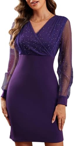 Glitter Bodycon Jurk Dames V-Hals Lange Mouw Cocktail Avondjurk Feestelijk — thumbnail 1