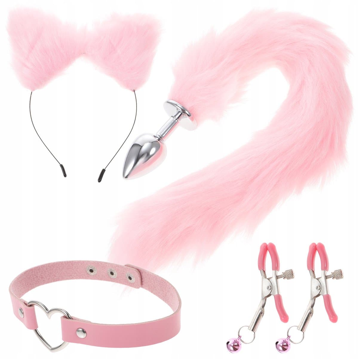Volle Vos Kostuum Set - Met Pluche Staart, Oren Hoofdband, Halsband en Accessoires, voor Roleplay en Feesten,Roze — afbeelding 1