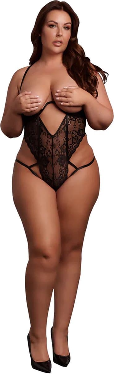 Lace Underwired Open Cup Bodysuit with Adjustable Sliders - Plus Size - Black — afbeelding 1