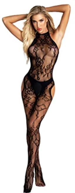 Lingerie bodystocking met strik, netstof jumpsuit voor dames, mouwloze catsuit in zwart — thumbnail 1