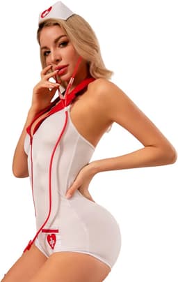 Sexy Verpleegster Bodysuit - 3-Delig Dokter Kostuum pakje - Wit & Rood - Rollenspel / Cosplay / Roleplay - Zuster / Dokter / Arts / Verpleegster - Jumpsuit, Pet & Stethoscoop - One Size — thumbnail 3