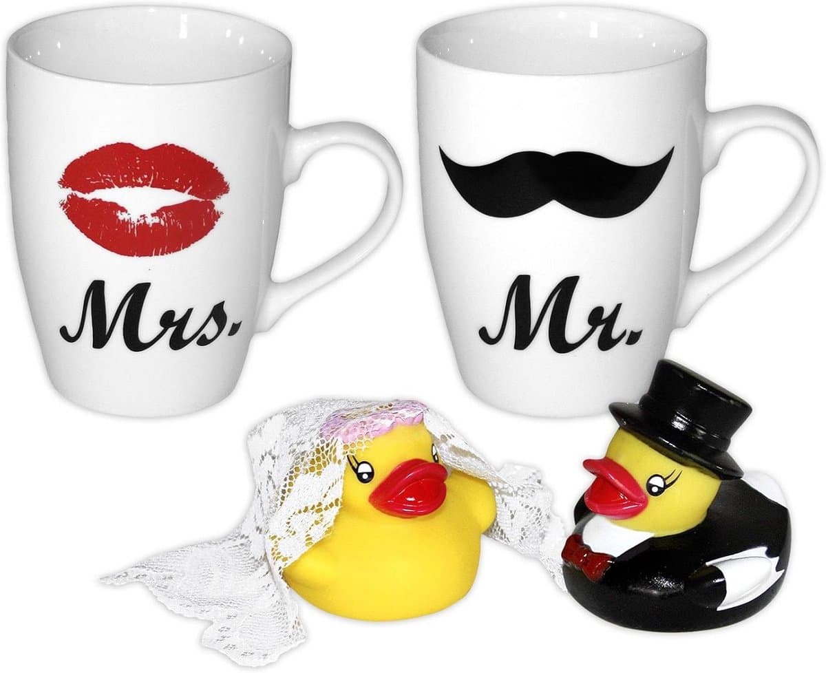 Mokken set - Bruidspaar bekers - Cadeau geven - Met badeendjes - Set van 2 - Multicolor — afbeelding 1