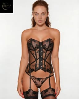 Luxe Lingerieset Dames – Sexy Lingerie – Erotische Lingerie Set – Corset Lingerie met Jarretels en Kousen – Transparante Kant – Strapless & Transparante Bandjes – 4-delige Set – Zwart Kant – Chique Boudoir Lingerie – Dare to Undress – XS, S, M — thumbnail 10