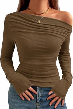 Dames Shirt met Lange Mouwen Asymmetrisch Schoudervrij Slim Fit Stretch Bovenstuk — thumbnail 1
