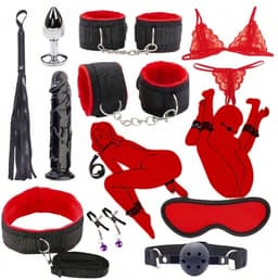 Daity BDSM Bondage Set – 10 Delig – Bedboeien & Handboeien Set met Blinddoek, Gag & Zweep – Verstelbaar & Comfortabel – Voor Koppels & Rollenspel – Rood — thumbnail 1