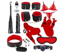 Daity BDSM Bondage Set – 10 Delig – Bedboeien & Handboeien Set met Blinddoek, Gag & Zweep – Verstelbaar & Comfortabel – Voor Koppels & Rollenspel – Rood