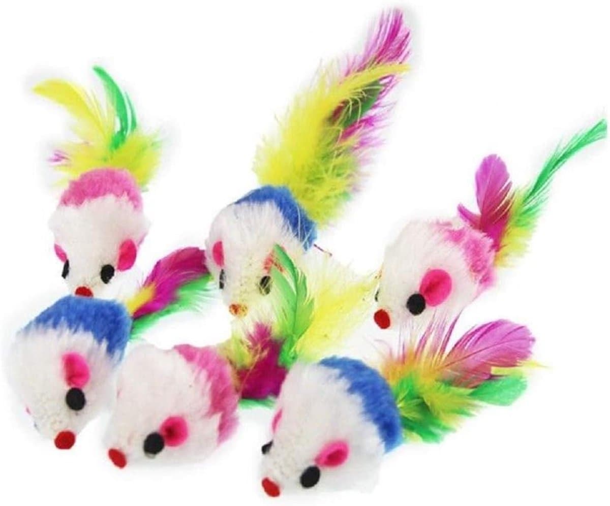 Speelgoedmuis voor katten - Met gekleurde veren staart - Grappig - Aantrekkelijk - 6 Stuks - Cadeauidee — afbeelding 1
