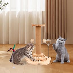 kattenspeelgoed van hout, 2-laags draaiplateau, interactief kattenspeelgoed, 3-in-1 houten kogel-kattencarrousel met 40 cm hoge krabzuil, rammelballen en veer voor katten en kittens — thumbnail 3