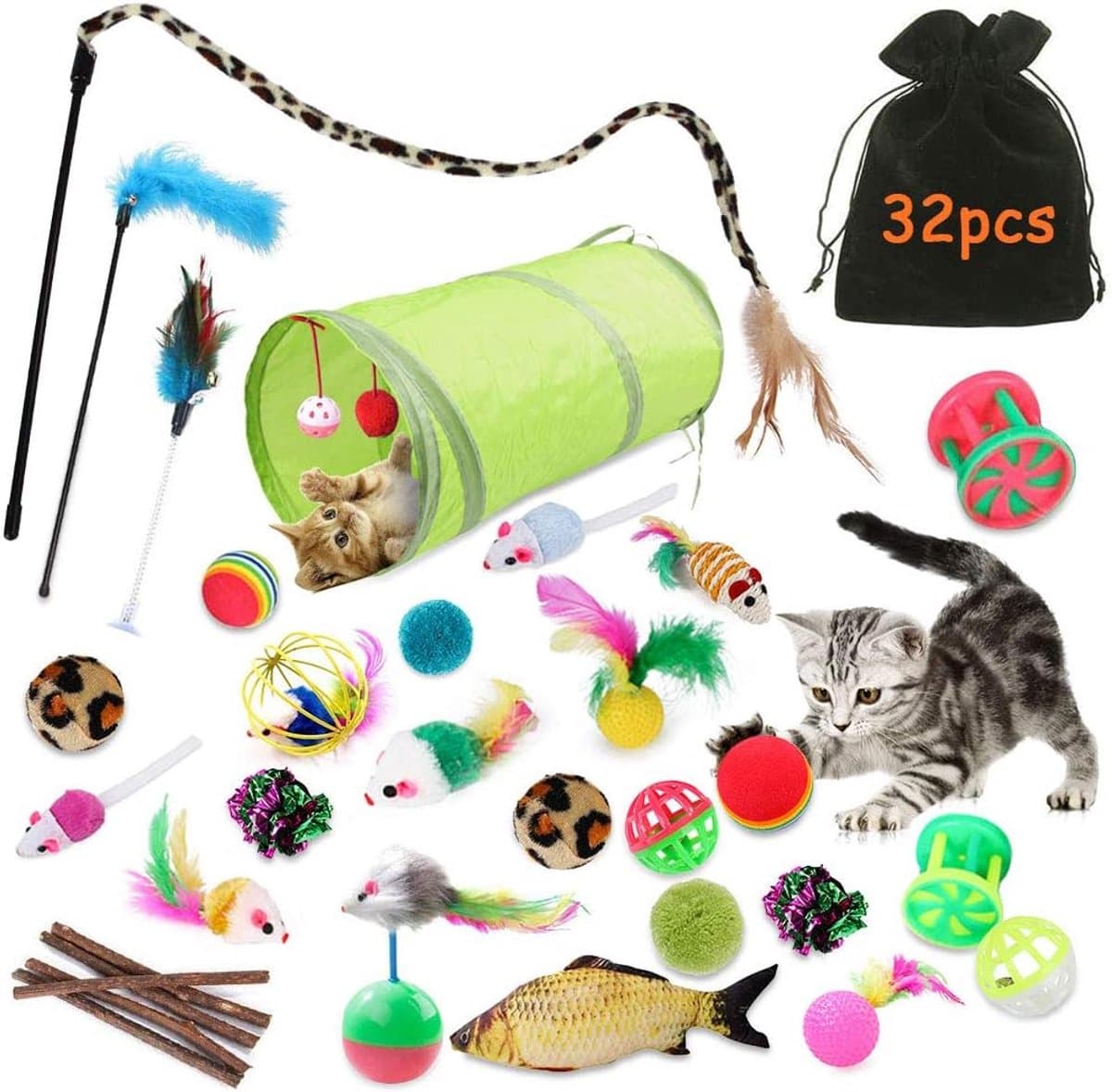32 Stuks Kattenspeelgoed - Kattenstaf, Interactief Speelgoed Met Veren, Bel, Kreukelballen en Muizen Voor Indoor Kitten — afbeelding 1