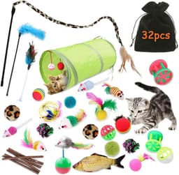 32 Stuks Kattenspeelgoed - Kattenstaf, Interactief Speelgoed Met Veren, Bel, Kreukelballen en Muizen Voor Indoor Kitten — thumbnail 1