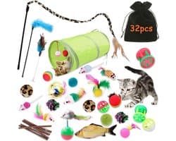 32 Stuks Kattenspeelgoed - Kattenstaf, Interactief Speelgoed Met Veren, Bel, Kreukelballen en Muizen Voor Indoor Kitten