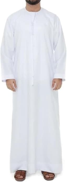 thobe voor mannen, witte moslim Kandura met ronde hals, traditionele Arabische Dishdasha lange mouwen, handgenaaide etnische kleding uit het Midden-Oosten voor Ramadan — thumbnail 1