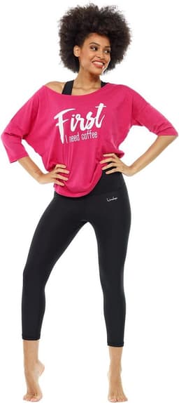 Dames T-Shirt met 3/4 Mouwen en 'First I Need Coffee' Glitteropdruk — thumbnail 4