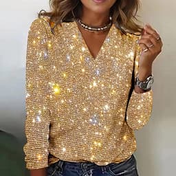 Glitterende Dames Blouse met V-Hals en Lange Mouwen – Feestelijk Shirt — thumbnail 3
