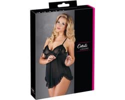 Cottelli Collection – Baby Doll met Spannende Strikjes Rondom Tepels Licht Transparant – Maat M – Zwart