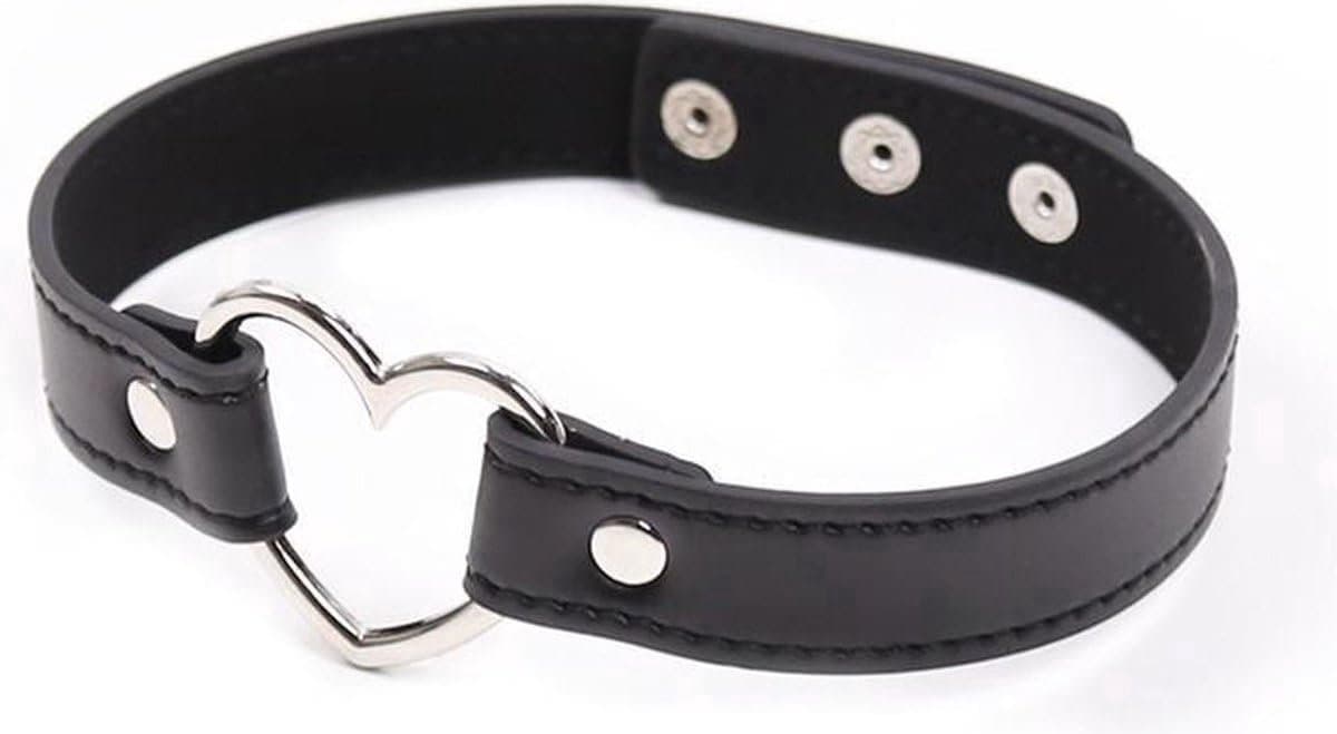 Okado Hart Choker Zwart – Leren Choker Halsband met RVS Hart – Kinky Accessoire – Unisex – Niet Verstelbaar — afbeelding 1
