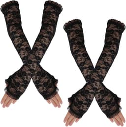 2 Paar Lange Zwarte Kant Vingerloze Armwarmers voor Dames - Gothic Punk Accessoire — thumbnail 1