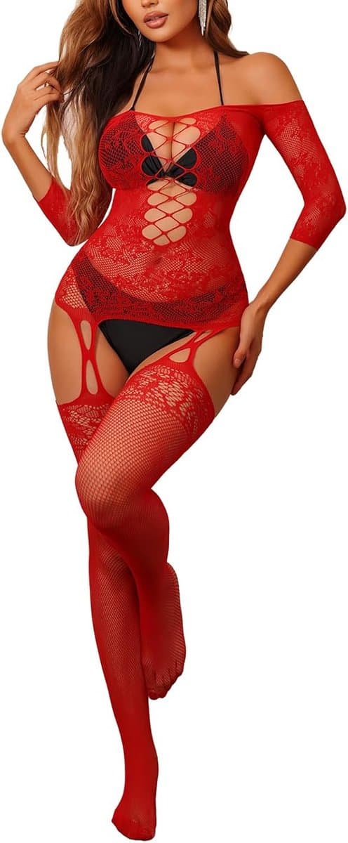 Sexy Visnet Bodystocking Zwart Open Kruis Catsuit voor Dames Nachtkleding — afbeelding 1