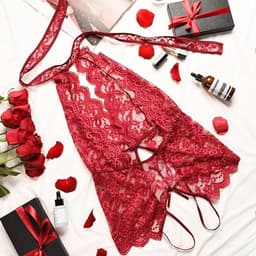 Lace Robe - Nachtkleding - 2 Stuks - Kerstkostuums - lingerie set - Robe with Lace - Ondergoed - Halloween kostuum - Sleepwear - Sexy Nightdress - Neglige - Loungewear - Sexy Nightdress - Zwart en burgundy - XL — thumbnail 3